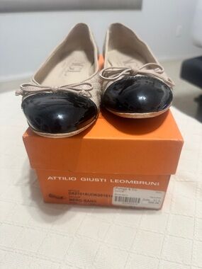 Attilio Giusti Leombruni Sand Ballet Flats with Black Patent Toe